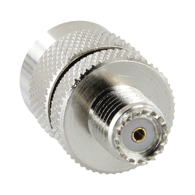 Adaptador en Línea de Conector Mini UHF Hembra a UHF Macho (PL-259)  Níquel/ Oro/ Teflón.