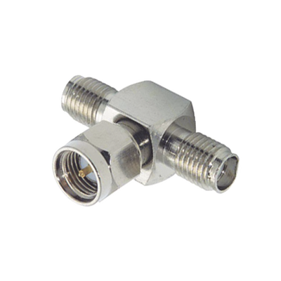 Adaptador en T  de Conector SMA Macho a Doble SMA Hembras  Níquel/ Oro/ Teflón.