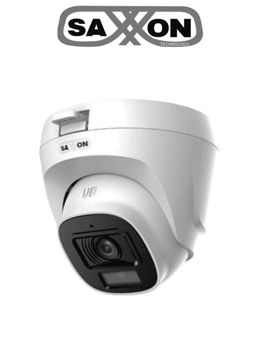 SAXXON SUA-HAC-T20P-0280B- Cámara Turret de 2 Megapíxeles/ Lente de 2.8 mm con Visión de Apertura de Hasta 100°/ Policarbonato/ IR de Hasta 20m de Visualización/ Fácil Instalación/ Ideal para Interiores #SAXI