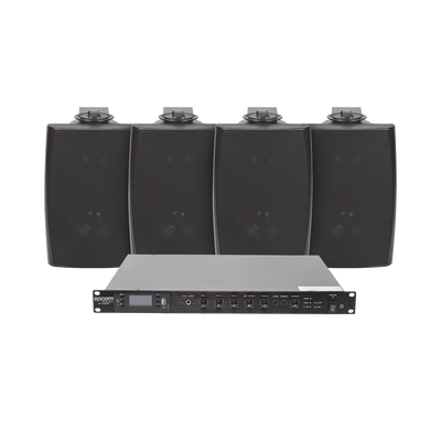 KIT de Amplificador de Audio 120W para Rack | 4 Altavoces de Pared color Negro 2.5W - 20W | Sistema 70/100V