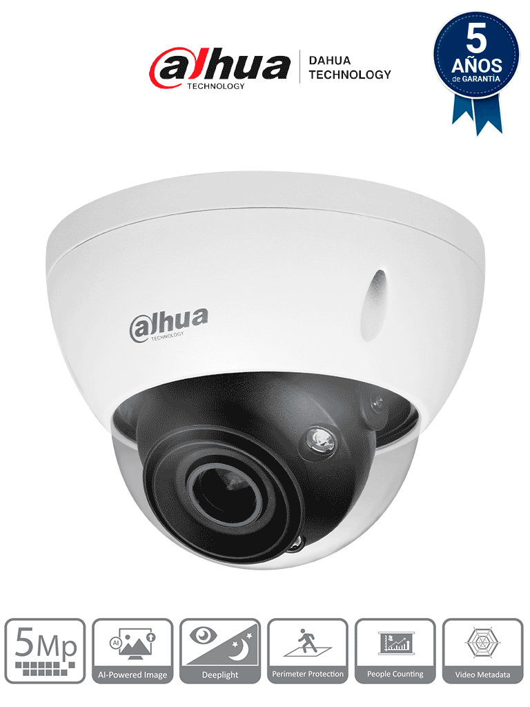 DAHUA  IPC-HDBW5541E-ZE - Cámara IP Domo 5MP con WizMind y Lente Motorizado 2.7-13.5 mm  LED IR 40m  114°  H.265+  Metadatos  SMD 3.0  Acupick  E/S de Alarma y Audio  Micro SD  IP67  IK10  ePoE. Ideal para seguridad avanzada.
