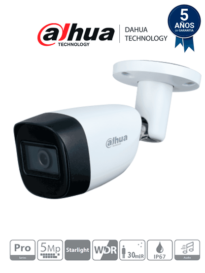 Dahua HAC-HFW2501CM-A - Cámara Ballet de 5 megapíxeles/ Serie Pro/ Lente 3.6mm/ 92 Grados de Apertura/ Micrófono Integrado/ IR de 30 Metros/ WDR 120dB/ 3D NR/  IP67