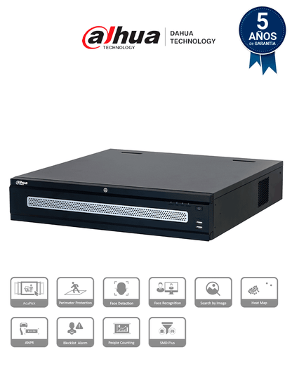 DAHUA DHI-NVR608RH-128-XI - NVR con tecnología Acupick y WizMind 128 canales 32MP  8HDD  1024Mbps. Clúster N+M  RAID0/1/5/6/10  Hot Swap. Detección de rostros  metadatos  protección perimetral  SMD Plus  y soporte IA por cámara.