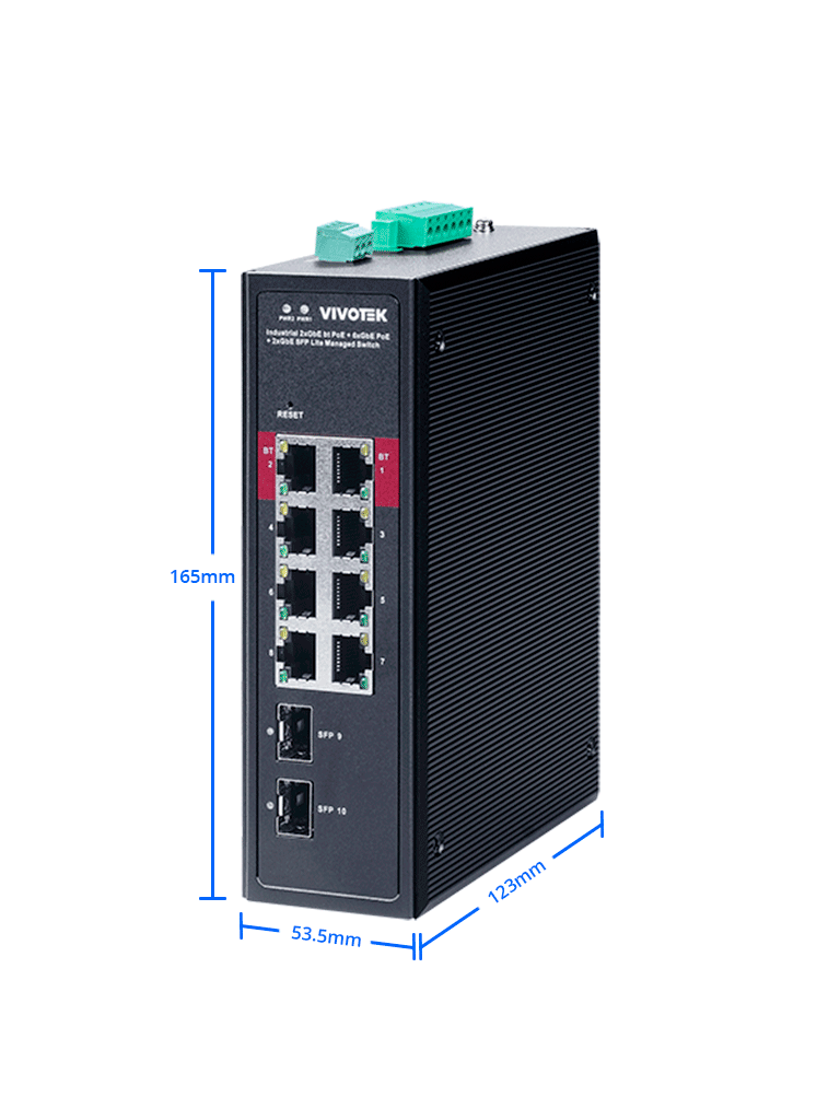 VIVOTEK AWIHB1040EXT - Switch PoE Industrial 8 puertos PoE  Administrable  2 puertos PoE GbE 90W  6 puertos GbE 30W  2 puertos GbE SFP  300W Totales  Modo PoE Extendido hasta 250 mts  20Gbps  VLAN. Incluye gabinete para Exterior  IP66  Antivandalico