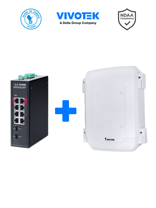 VIVOTEK AWIHB1040EXT - Switch PoE Industrial 8 puertos PoE  Administrable  2 puertos PoE GbE 90W  6 puertos GbE 30W  2 puertos GbE SFP  300W Totales  Modo PoE Extendido hasta 250 mts  20Gbps  VLAN. Incluye gabinete para Exterior  IP66  Antivandalico