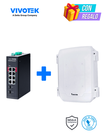 VIVOTEK AWIHB1040EXT - Switch PoE Industrial 8 puertos PoE  Administrable  2 puertos PoE GbE 90W  6 puertos GbE 30W  2 puertos GbE SFP  300W Totales  Modo PoE Extendido hasta 250 mts  20Gbps  VLAN. Incluye gabinete para Exterior  IP66  Antivandalico