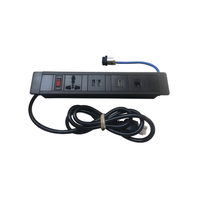 Hub para escritorio color negro   con 1 Puerto HDMI Hembra-Hembra  1 Conector RJ45 Cat6  2 Puertos USB 5V DC /2 A  y 1 Contacto eléctrico universal  (11100-00001)