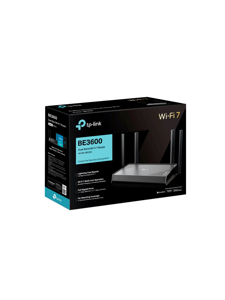 Archer BE220 BE3600 Dual-Band Router WiFi 7 de Doble Banda a 3.6 Gbps  Puertos 1× puerto WAN de 1 Gbps + 4× puertos LAN de 1 Gbps  4× antenas externas junto con Beamforming   Compatible con EasyMesh