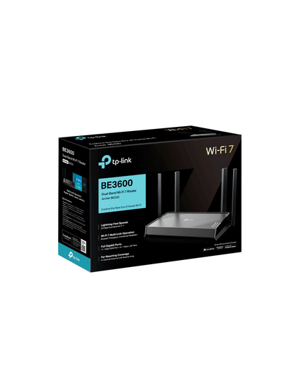 Archer BE220 BE3600 Dual-Band Router WiFi 7 de Doble Banda a 3.6 Gbps  Puertos 1× puerto WAN de 1 Gbps + 4× puertos LAN de 1 Gbps  4× antenas externas junto con Beamforming   Compatible con EasyMesh
