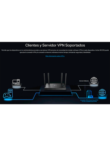 Archer BE220 BE3600 Dual-Band Router WiFi 7 de Doble Banda a 3.6 Gbps  Puertos 1× puerto WAN de 1 Gbps + 4× puertos LAN de 1 Gbps  4× antenas externas junto con Beamforming   Compatible con EasyMesh