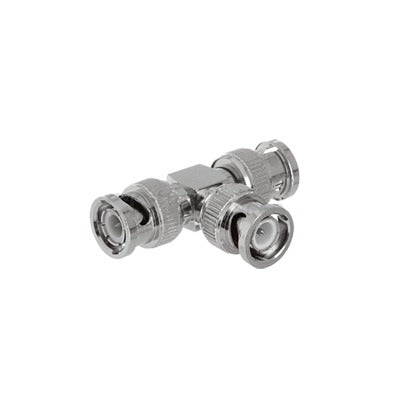 Adaptador de Triple conectores BNC macho para uso en sistemas de video vigilancia en aplicación con cables coaxiales RG-59/ RG-6  Níquel/ Oro/ Politetrafluoroetileno.