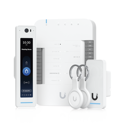 UniFi Access Kit de Inicio Gen2 Profesional para 1 puerta  (1) Lector NFC con pantalla táctil  audio 2 vías y cámara / (1) Lector NFC y de movimiento UA-G2 / Hub para conexiones para controlar una puerta con salida POE y energizar acc