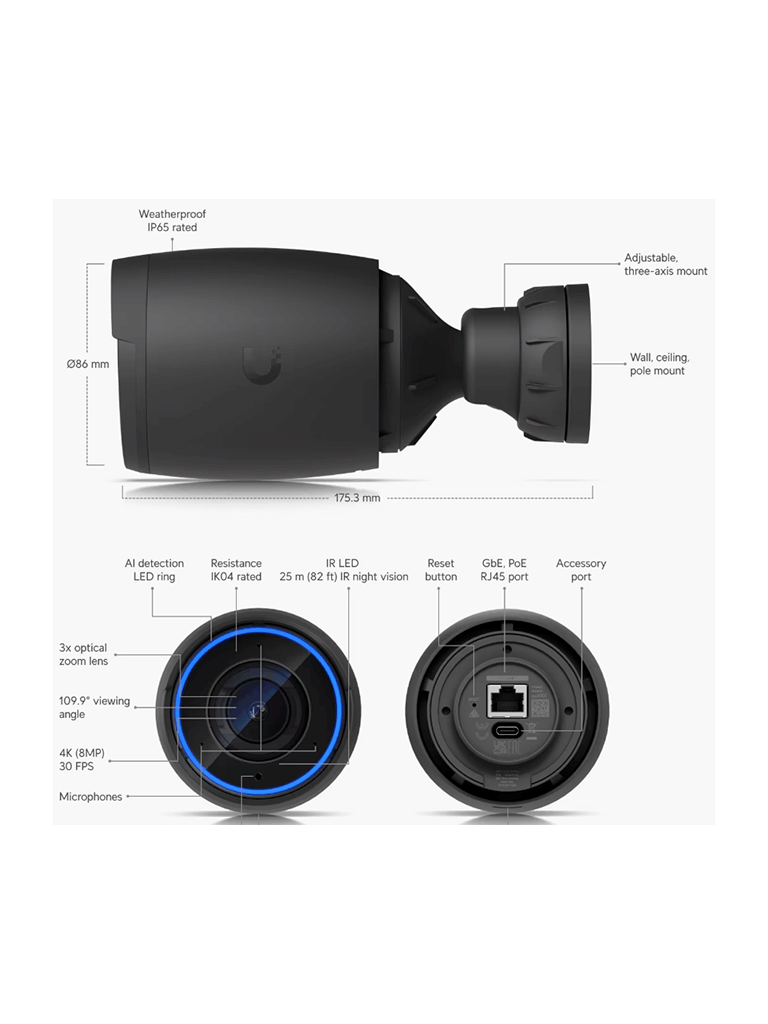 UBIQUITI UVC-AI-PRO - Cámara 4K  Zoom óptico 3X  IA avanzada: detecta personas  lee matrículas   IR 25 metros   microfono integrado  audio bidireccional   Exterior/Interior  POE+ (Color Negro).