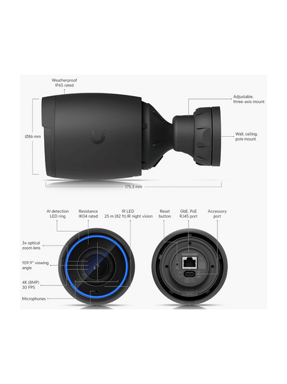 UBIQUITI UVC-AI-PRO - Cámara 4K  Zoom óptico 3X  IA avanzada: detecta personas  lee matrículas   IR 25 metros   microfono integrado  audio bidireccional   Exterior/Interior  POE+ (Color Negro).