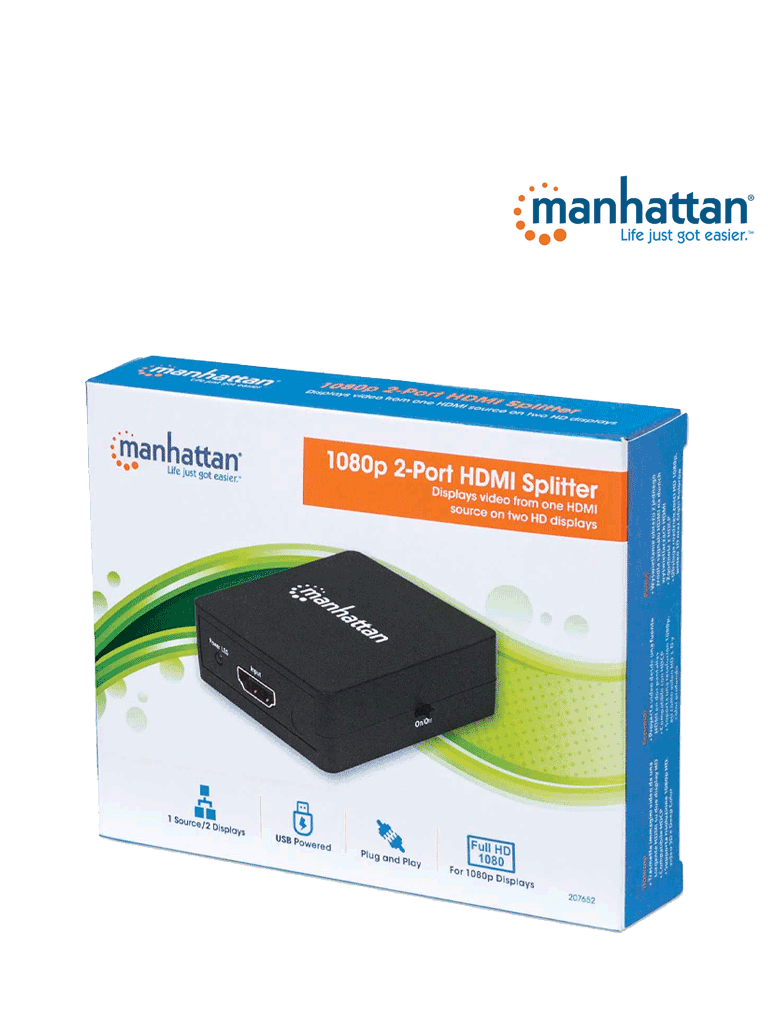 MANHATTAN 207652 - Splitter / Divisor de Video HDMI/ FullHD/ 1 Entrada y 2 Salidas/ Distancia de Entrada 15 Metros/ Distancia de Salidas 15 Metros/ Soporta Conexión en Cascada/ Soporta sonido LPCM  Sonido Master DTS-HD y Dolby TrueHD/