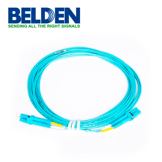 JUMPER DE FIBRA OPTICA BELDEN FP3LDLD005M FORRO PVC COLOR AQUA FLAMABILIDAD OFNR RISER TIPO DE FIBRA MULTIMODO OM3 50/125 MICRAS CONECTORES LC DUPLEX - LC DUPLEX LONGITUD 5 METROS APLICACIONES ADECUADAS ADECUADAS CENTROS DE DATOS SALAS DE EQUIPOS PR