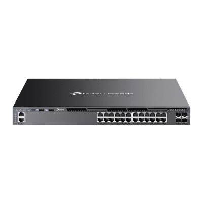 Switch Omada L3 SDN Administrable / 24 puertos PoE af/at Gigabit y 4 puertos SFP+ / Presupuesto PoE 720W / Funciones RIP  VVRP  Servidor DHCP / Administración centralizada OMADA / Fuente Redundante