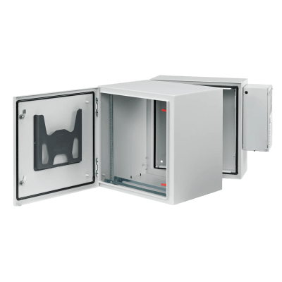 Gabinete Industrial ProTek de Puerta Sólida  Con Aire Acondicionado de 4000 BTU  Protección NEMA Tipo 4/12; IP66; IK10  Abatible  Fabricado en Acero  19 UR  Color Gris Claro